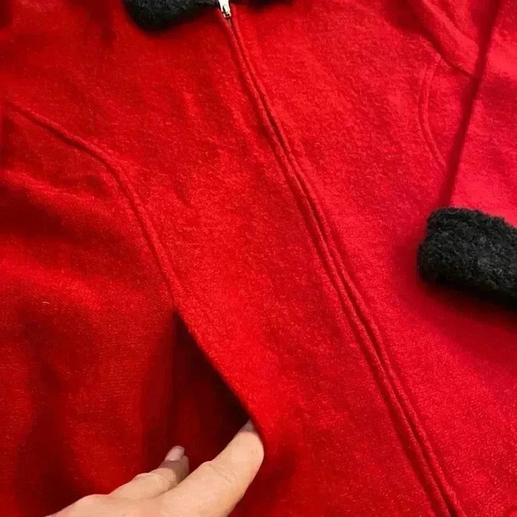 Marisa Christina Women’s Wool 100% Zip Up  Outer Sweater Holiday Red Blk Fluff M - Picture 3 of 16